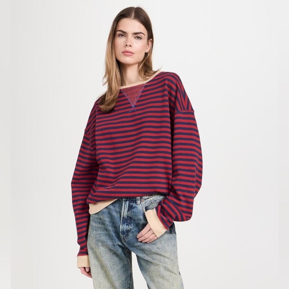 Free People Classic Striped Crew Sweatshirt Nautical Combo
